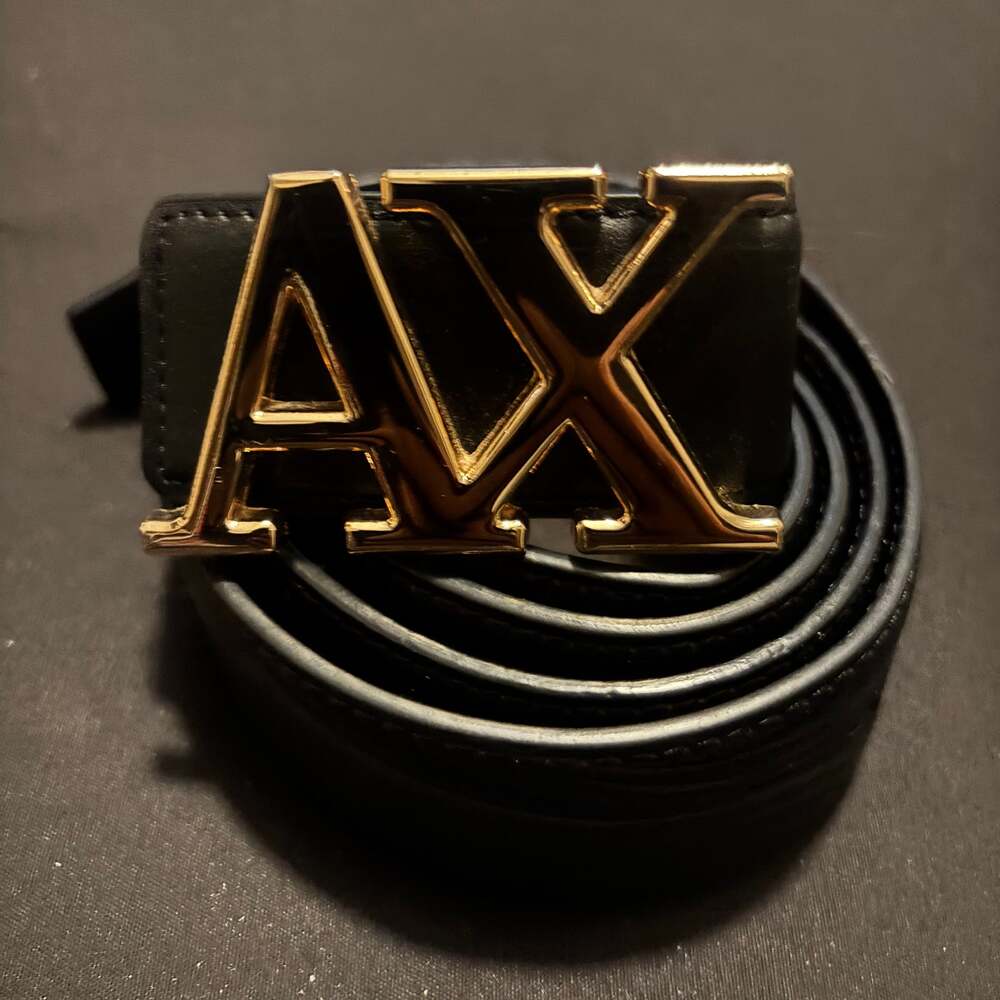 Armani Exchange Black Leather Belt with Gold AX Logo Buckle
